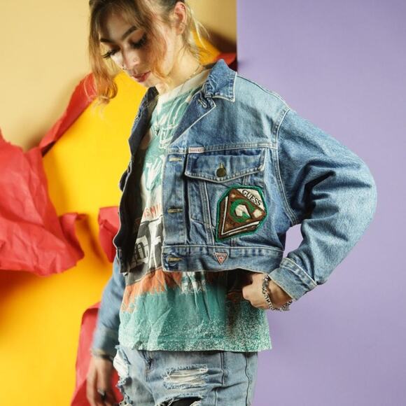 Rare Vintage 80s Guess by George Marciano Womens Cropped Denim Jacket Patches S - Picture 4 of 12